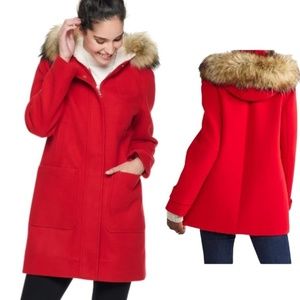 Nine West Red Faux Fur Trimmed Hood Wool Blend Long Winter Coat